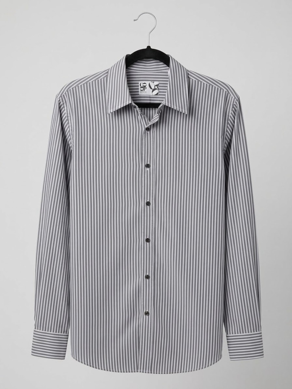Barneys New York Men's Gray and White Vertical Stripe Dress Shirt